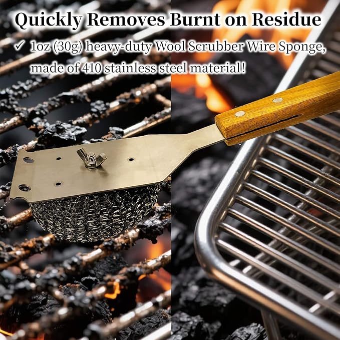 Grill Brush and Scraper for Barbecue – Safe Bristle Free Stainless Steel BBQ Cleaner with Heavy Duty Scrubber Pad, Grill Accessories Steel Wool Scrubbers for Porcelain Gas Charcoal Grill