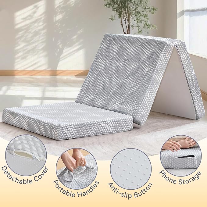 BDEUS Memory Foam Folding Mattress 4 Inch Small Full Size with Protable Storage Bag, Trifold Mattress Topper Soft Guest Bed Floor Mat for Kids Camping Road Trip, Gray, 52 x 73 Inch