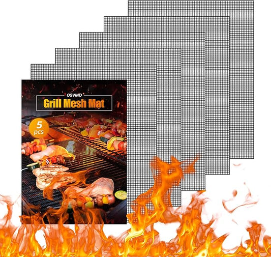 OSVINO Black Grill Mesh Mat 5 Pack Reusable Non-Stick BBQ Grill Mats 16"x12" Outdoor Barbecue Baking Accessories Works on Gas Charcoal Electric Grill for Grilling Meat, Fish, Steak, Vegetables