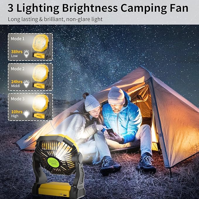 Portable Camping Fan Cordless Battery Powered，270° Rotating Portable Battery Operated Rechargeable Fans, 360° Hanging Hook, USB Personal Outdoor Camping Fans for Tents,Travel X23 Yellow