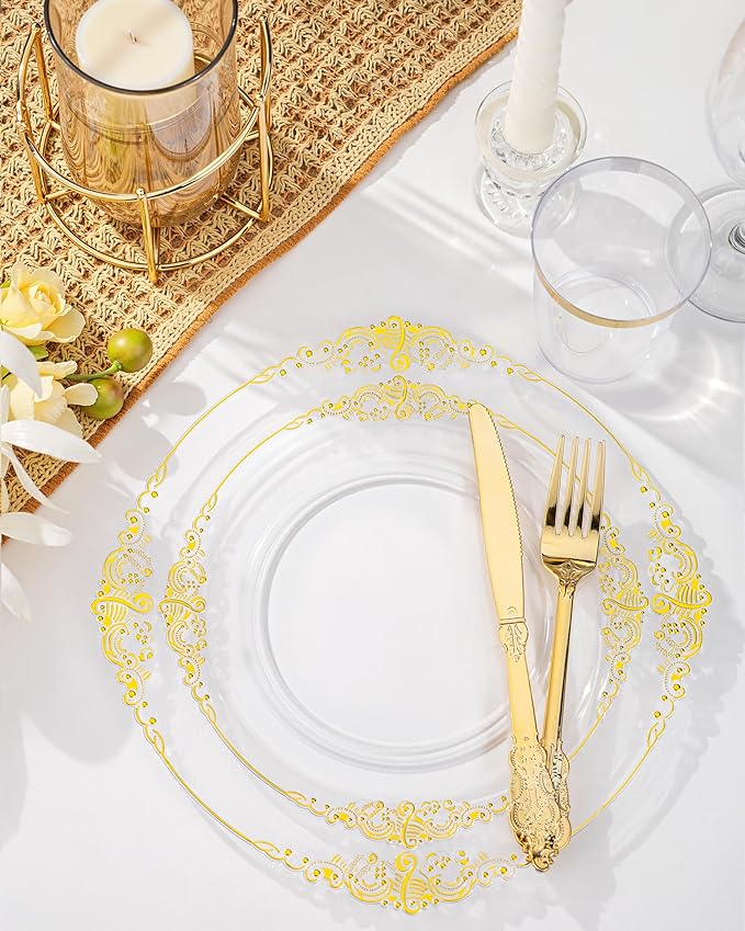 Nervure 100PCS Clear and Gold Plastic Plates - 10.25Inch Gold Disposable Plates - Heavyweight Dinner Plate for Wedding & Party & Thanksgiving