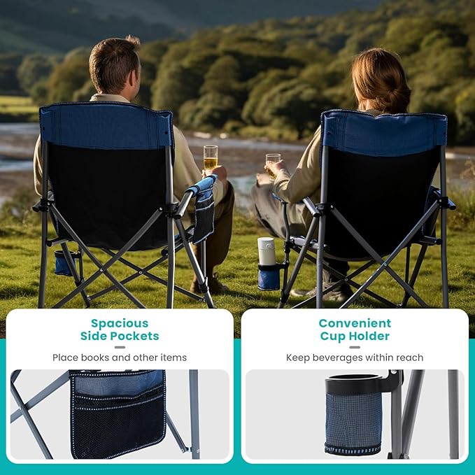 Folding Camping Chair Portable Outdoor Beach Chair, Heavy Duty Foldable Lawn chair Support 330lbs, Collapsible Lightweight Camp Chair with Cup Holder&Carry Bag for Fishing Outside Sports Picnic(Blue)