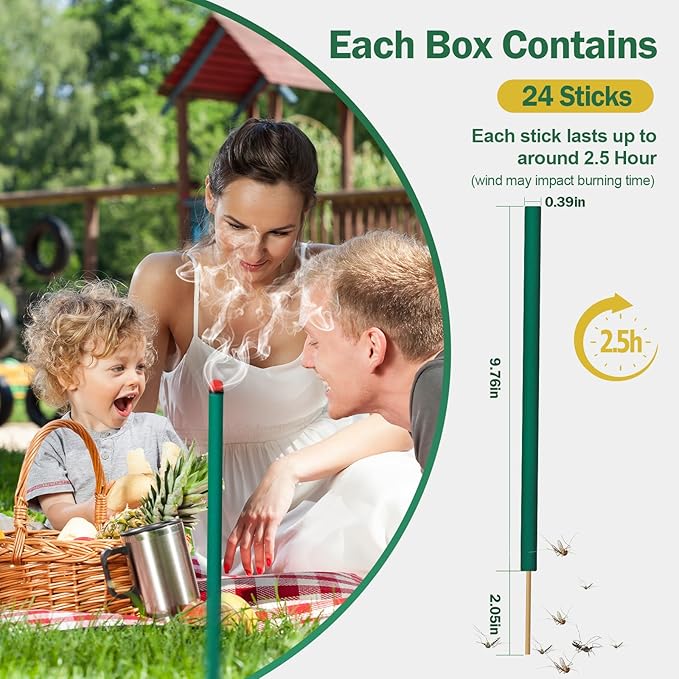 24 Naturals Mosquito Repellent Incense Sticks|Citronella Oil DEET Free Organic Mosquito Barrier Repeller for Backyard Patio Travel Camping Indoors Outdoor Gnat Mosquito Control | 2.5 Hour Protection