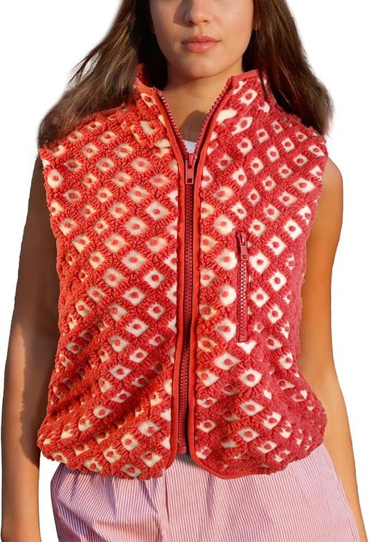Colorful world Womens Checkered Sherpa Vest Fleece Jacket Lightweight Zip Up Sleeveless Crochet Plaid Gilet with Pocket