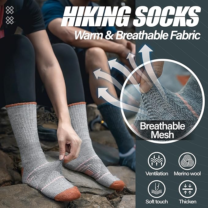 ANTSANG 5 Pairs Merino Wool Hiking Socks for Men & Women Thermal Winter Warm Moisture Wicking Cushion Boot Socks