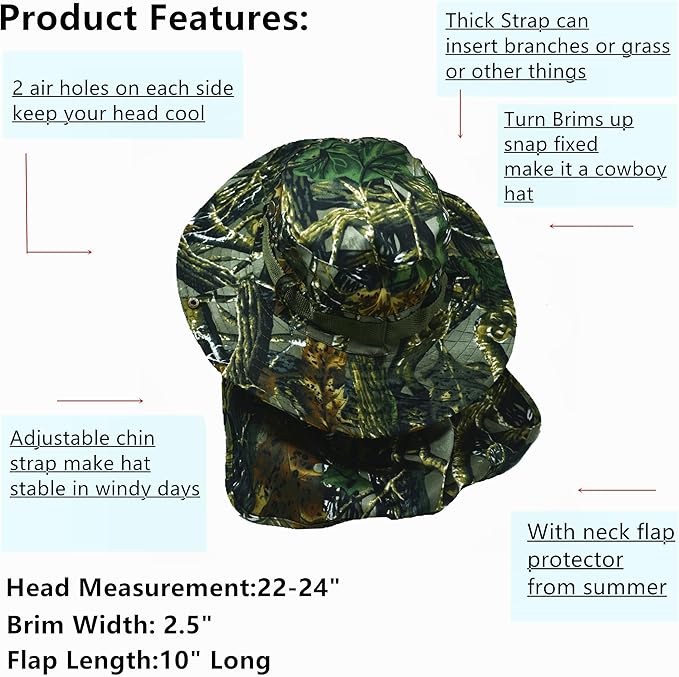 Glory Max Bucket Boonie Hat with Neck Flap Cover Sun Safari Wide Brim Fishing Garden Hiking Cap (Green Mix)