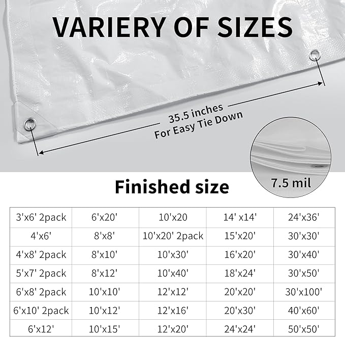 TARPAL 10'x15' White Tarp Waterproof 7.5 mil Medium Duty All Purpose Poly Tarps Cover Waterproof,Snow Proof UV Protection,Rip and Tear Proof,Poly Tarpaulin