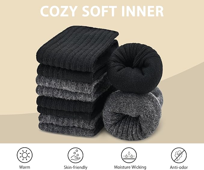 Panda Bros Wool Hiking Socks for Men & Women, Warm Winter Thick Thermal Crew Socks, Cozy Soft Boot Work Socks, 4 Pack