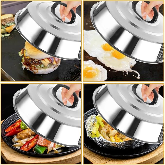 4 Sets Cheese Melting Dome, Stainless Steel Round Basting Steaming Cover, Metal Griddle Grill Accessories Griddles Lid for Flat Top Griddle Teppanyaki BBQ Cooking Indoor & Outdoor