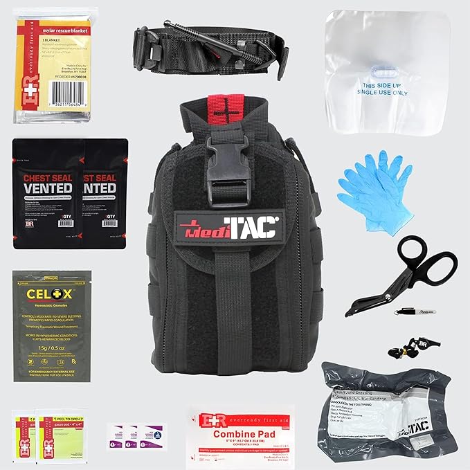 Premium Tactical Trauma IFAK Kit with Celox Hemostatic Granules, SOF Tourniquet and Pressure Bandage in Molle Pouch, Bleeding Control Kit (Black)