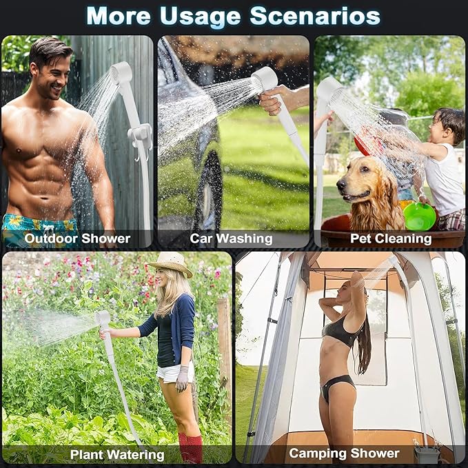 Portable Shower for Camping, 8000mAh Rechargeable Camping Shower Pump with 3X Stronger Water Flow, 5 Pressure Levels & 4 Shower Modes Outdoor Shower with Intelligent LED Display for Hiking Travel Pet