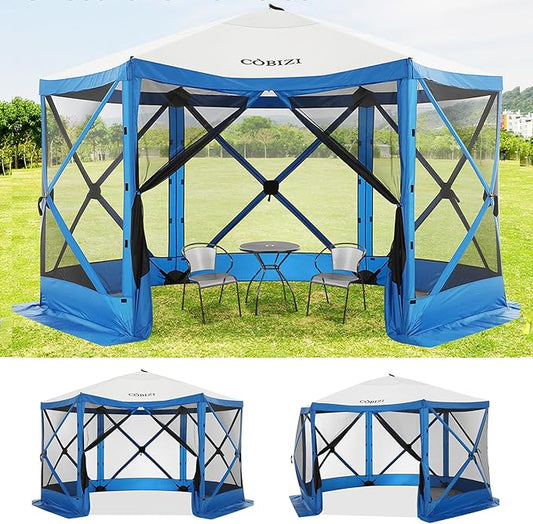 COBIZI 12x12ft Pop up Gazebo Screen House Tent for Camping, Camping Outdoor Screened Gazebo with Mosquito Netting, Portable Hub Tent with Carrying Bag and Ground Stakes, Blue(Upgraded 2.0)