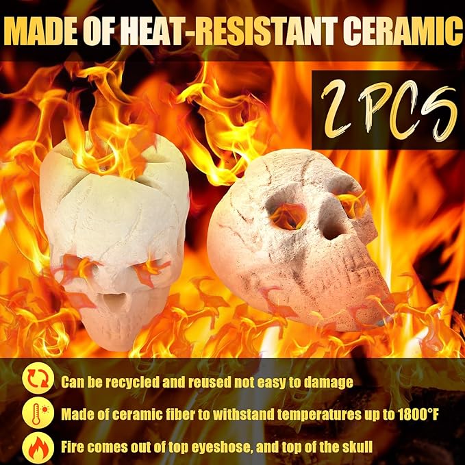 2 Pack Fire Pit Skulls 8.7 Inch Halloween Imitated Human Ceramic Firepit Head Fireproof Skulls Bonfire Accessories Fake Logs Halloween Decor for Gas Campfire Fireplace Wood Fires (White)