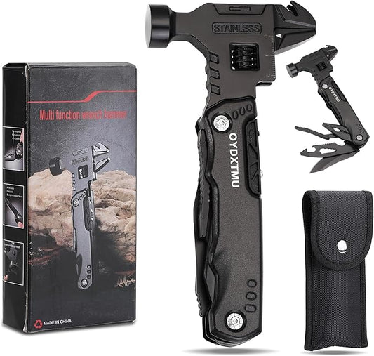 Upgraded 16-in-1 Multitool Hammer,Camping Knife with Adjustable Wrench,Screwdriver,Wire cutter,Hammer,Bottle Opener,Multi Tool for Men(Black)
