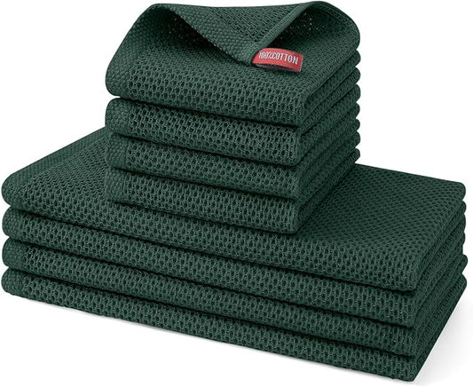 Kitinjoy 100% Cotton Kitchen Towels and Dishcloths Set, 8 Pack-13" x 28" and 12" x 12" Waffle Weave Dish Towels, Ultra Soft Absorbent Quick Drying Dish Rags, Blackish Green