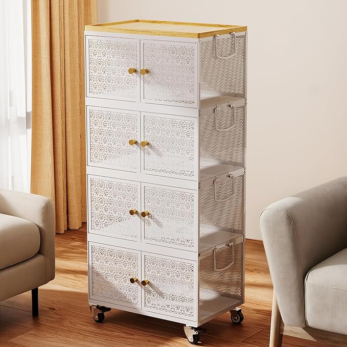 4 Tier Metal Storage Bins and Boxes Organizer, Magnetic Doors & 360°Swivel Lockable Wheels, Easy,labor-Saving, Ocean Life Cutout Pattern, Eco-Aesthetic for Living Room,Bedroom,bathroom,kitchen