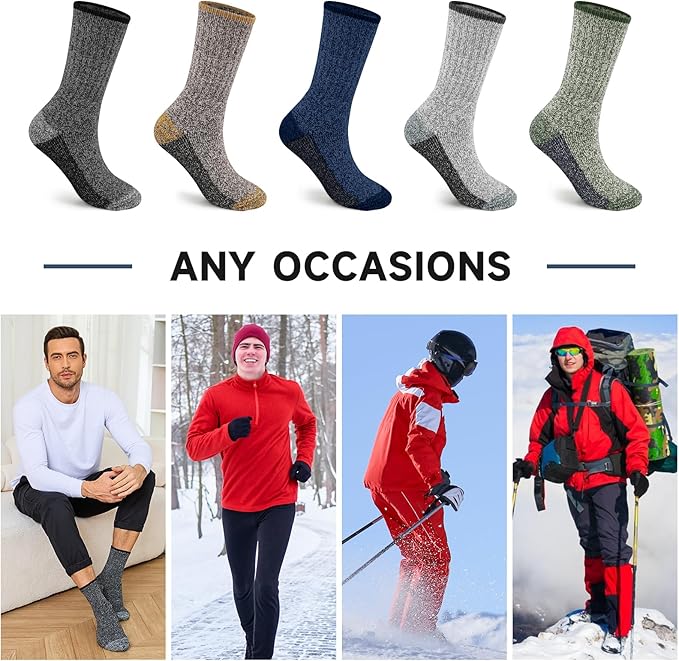 BESTENA Merino Wool Hiking Socks for Men 5 Pairs Thermal Warm Winter Thick Cushion Moisture Wicking Crew Boot Socks