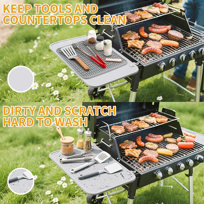 Silicone Grill Mat for Blackstone, Silicone Side Shelf Tool Mat, Outdoor BBQ Spatula Mat, with Drip Pad Kitchen Countertop Heat Resistant Mat, Griddle Accessories(Grey)