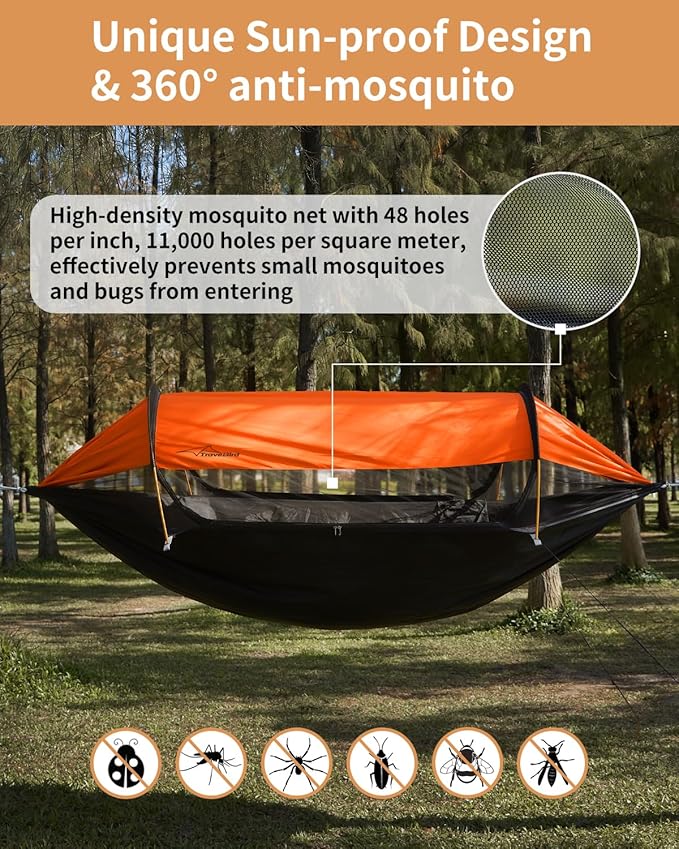 Camping Hammock Tent with Mosquito Net and Sunshade, Extra Large for 2 Person, Lightweight Hanging Hammocks Tree Straps, Bivvy Ground Tent for Outside, Hiking, and Travel
