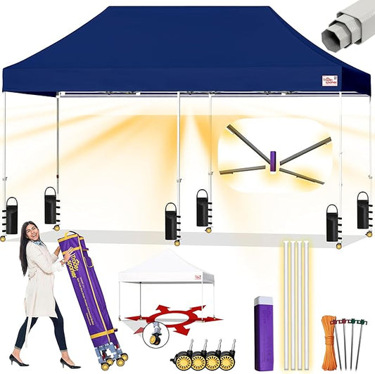Tradesparker 10x20 Pop Up Canopy Tent,Easy up Commercial Canopy Tent Instant Shelter for Beach Events Parties Camping Market,Pop Up Canopies with LED Curtain+Casters+Weight+Stakes,Navy Blue