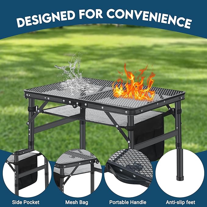 LOFTEY Small Folding Grill Table, Portable Picnic Table for Camping Outdoor Cooking BBQ, 3 Heights Adjustable Grill Stand with Mesh Bag, Easy for Storage, 23.6" L* 15.75" W * 27.7" H, Black