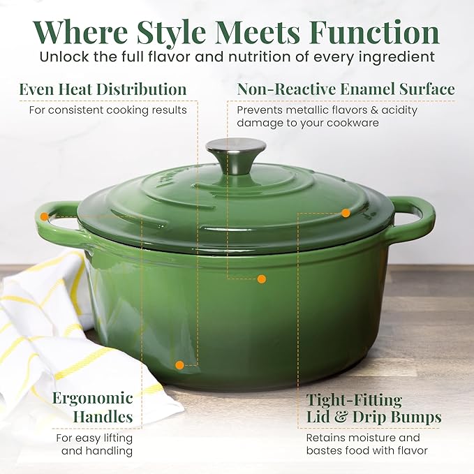 Larder & Vine Enameled Cast Iron 5.7qt Dutch Oven Pot with Lid | Bread Baking | Compatible on All Cooktops & Oven Safe to 500° F | Great for Sourdough Bread | Okra