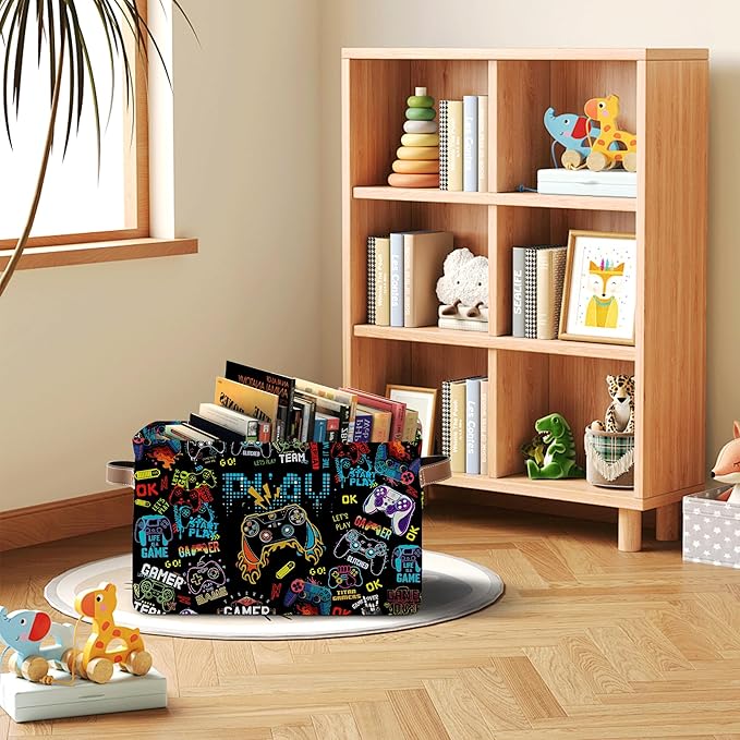 Gamer Rectangle Storage Basket - Game Themed Collection Collapsible Storage Baskets with Handles - Gamer Toy Bins for Boys - Cool Game Pattern Storages Bin for Kids Clothes, Gifts, Books