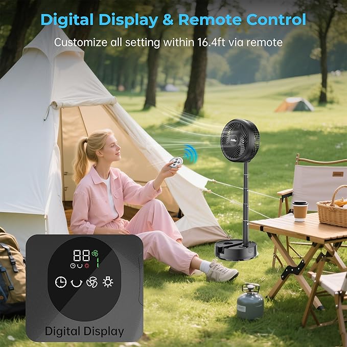 40000mAh Battery Operated Fan - Rechargeable Collapsible Fan, 106H Run, 9 Speeds Oscillating, Battery Powered with Timer & Light for Camping Travel RV Outdoor Hurricane Power Outage Black