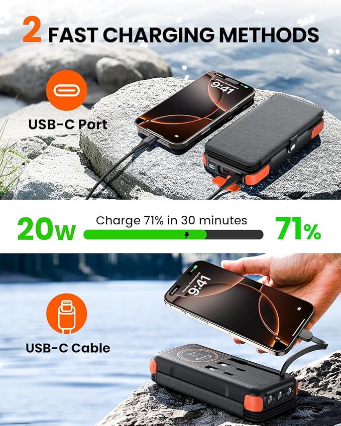 SOARAISE Wireless Solar Power Bank, 25000mAh Solar Charger with Built-in 3 Cables, Dual Outputs, 4 Solar Panels & 3 LED Flashlights, Portable Phone Charger for Outdoor Camping