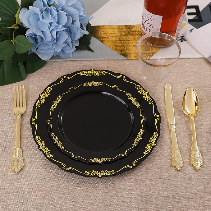 U-QE 175PCS Black Plastic Plates&Pre Rolled Napkins with Gold Cutlery, Black and Gold Plastic Dinnerware Set for 25Dinner Plates, 25Dessert Plates, 25Cups, 25Gold Silverware Sets, 25Napkins for Party