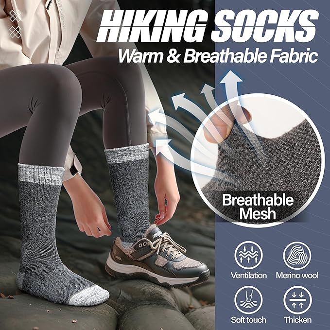 ANTSANG Merino Wool Hiking Socks for Men & Women 5 Pairs Thermal Warm Winter Thick Cushion Moisture Wicking Crew Boot Socks
