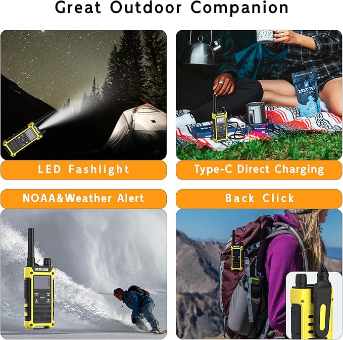 T3 FRS IP67 Waterproof Walkie Talkies with USB Mini Charger, 1100mAh Rechargeable Batteries, NOAA Weather Alert, 2 Way Radio for Cruise Ships Surfing, 2pack, Black/Yellow