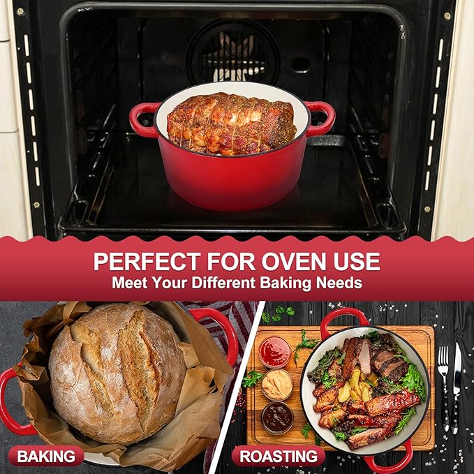 P&P CHEF 5QT Enameled Dutch Oven, Cast Iron Dutch Oven Pot with Lid for Bread Baking, Enameled Casserole Pot for Roasting Braising Stewing Frying Simmering, Various Stoves & Easy Clean, Red