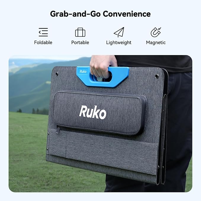 Ruko RK100 100W Portable and Foldable Solar Panel, IP67 Waterproof Power Backup, Solar Panel Charger for Power Station with Charging Expansion Box, Adjustable Kickstand for Camping/RVs
