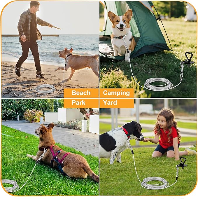 Heavy Duty Dog Tie Out Stake Kit - 30ft Tether with Ground Anchor, Brush, Handle, Storage Bag & Drill Bit - Secure Outdoor Pet Containment for Yard, Camping(Black)