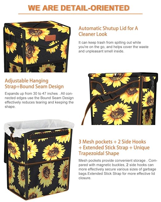 Car Trash Can with Lid, Cute Leakproof Car Trash Garbage Bag Hanging Vehicle Trash Bin Small Portable Automotive Garbage Cans Organizer for Back/Front Seat(Trapezoid,Black Sunflower