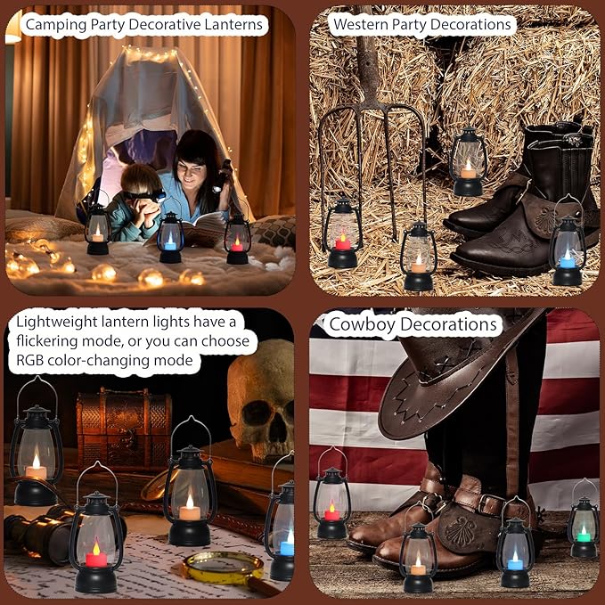 LLQ Small Western Lanterns Decorative with Remote Timer & Color Changing for Table Centerpieces, Small Lanterns Vintage Camping Hanging Lamp Ornaments for Cowboy Wedding Halloween Christmas, 4-Pack
