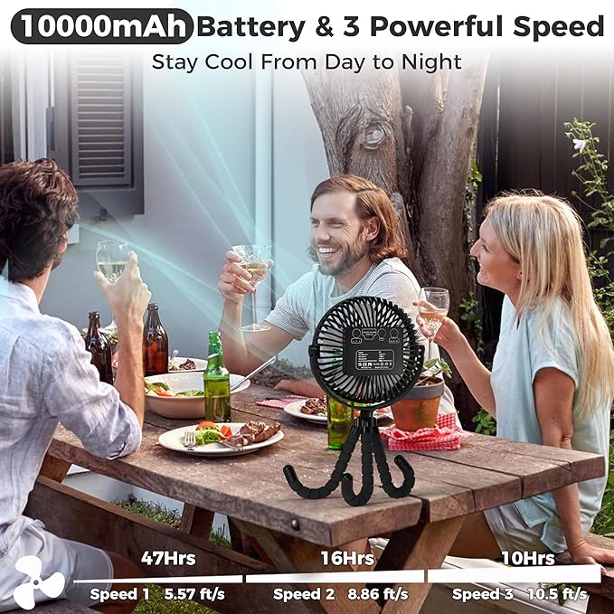 Camping Fan with LED Lantern-10000mAh Rechargeable Battery Operated Fan, 47H Run Time Max,3 Speeds,3 Timer,7 Inch Portable Clip on Fan for Stroller Treadmill Tent RV Outdoor Emergency Outage Hurricane