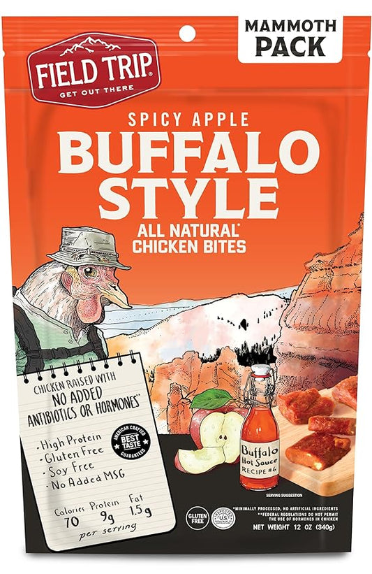 Field Trip Chicken Jerky Bites, All Natural and Gluten Free, Keto and Paleo-Friendly Healthy Snack, Low Calorie, High Protein Snacks with No Nitrates, 12oz Bag, Spicy Buffalo Style