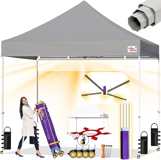 Tradesparker 10×10 Pop Up Canopy Tent-Commercial Instant Shelter-Trade Show Canopies with LED Curtain & 4 Dual-Row Casters,Weight Kit for Beach,Events,Parties,Camping,Gazebo Shade,Grey