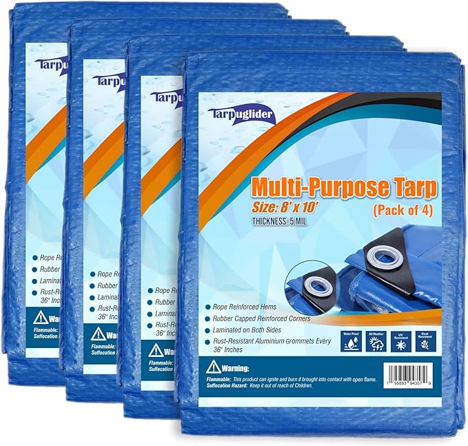 Blue Tarp Pack of 4 Tarps Heavy Duty waterproof 8x10 Large Multipurpose Poly Outdoor Tarps Cover 5 Mil Thickness Blue Tarpaulin Reinforced Rip Resistant Rubber Edges With Aluminum Grommets