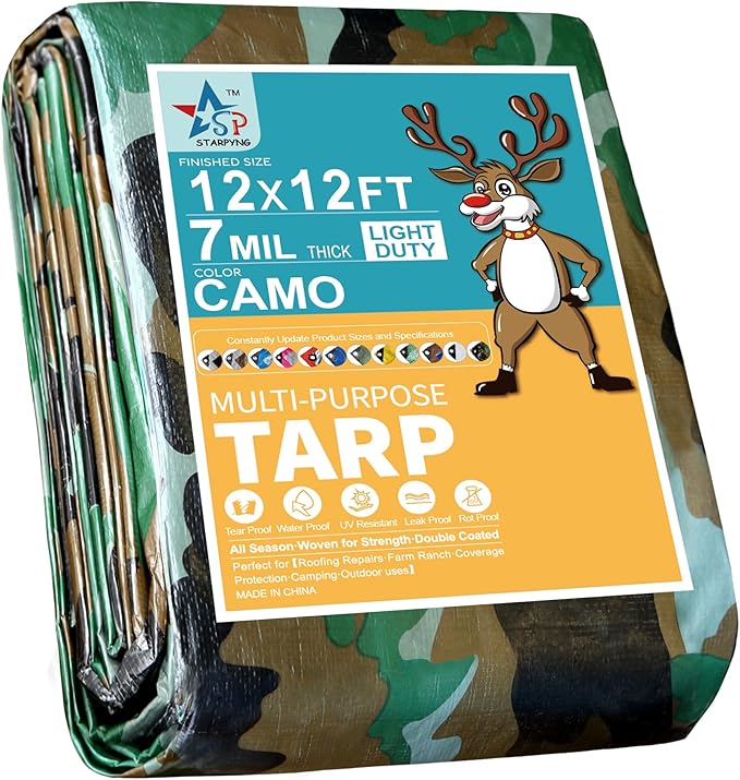 STARPYNG-7 Mil Camouflage 12x12 Feet Tarp-Multifunctional Camo Waterproof Tarpaulin-Waterproof, UV Resistant, Rip and Tear Resistant, Poly Tarpaulin with Reinforced Edges for Cover