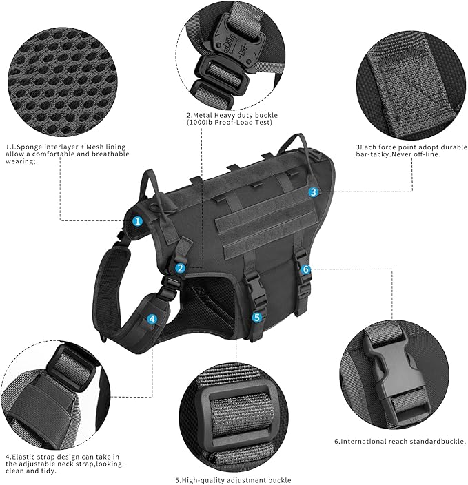 Tactical Dog Vest Harness and Training Dog Collar with Bungee Dog Leash Set No Pull Military Dog Harness with 2 Detachable and 1 Water Bottle Pouches for Outdoor Training Service, Black L