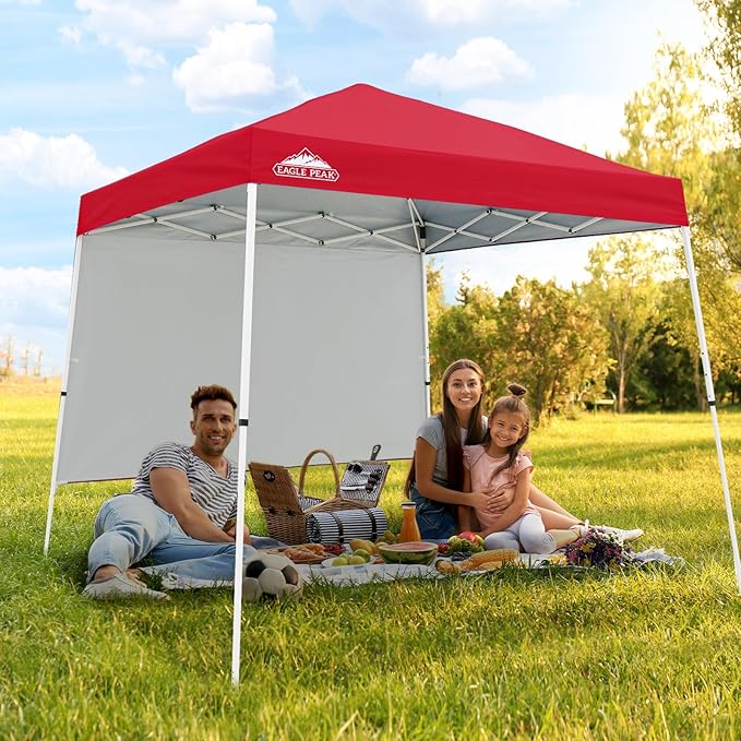 EAGLE PEAK 10x10 Pop Up Canopy Tent with Sidewall, Compact, Portable Slant Leg Instant Sun Shelter for Beach, Sports, & Camping, 10x10 Base 8x8 Top, Red