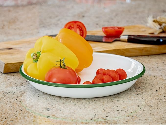 Red Co. Set of 4 Enamelware Metal 10” Round Camping Plates, Solid White/Dark Green Rim