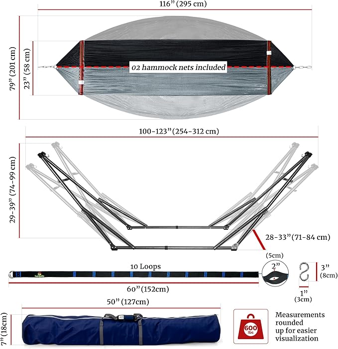 Tranquillo Universal Hammock with Stands Electro Static Coated Steel, Adjustable Foldable Hammock Stand with 2 Layered Polyester Net and Carry Bag for 2 Persons (Combo - Black)
