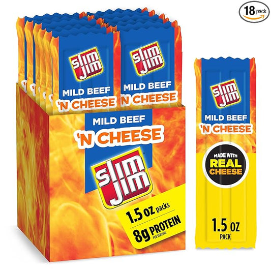 Slim Jim Beef 'N Cheese Smoked Meat Sticks, Mild Flavor, 8g Protein Per Serving, 1.5 oz. (18 Count)