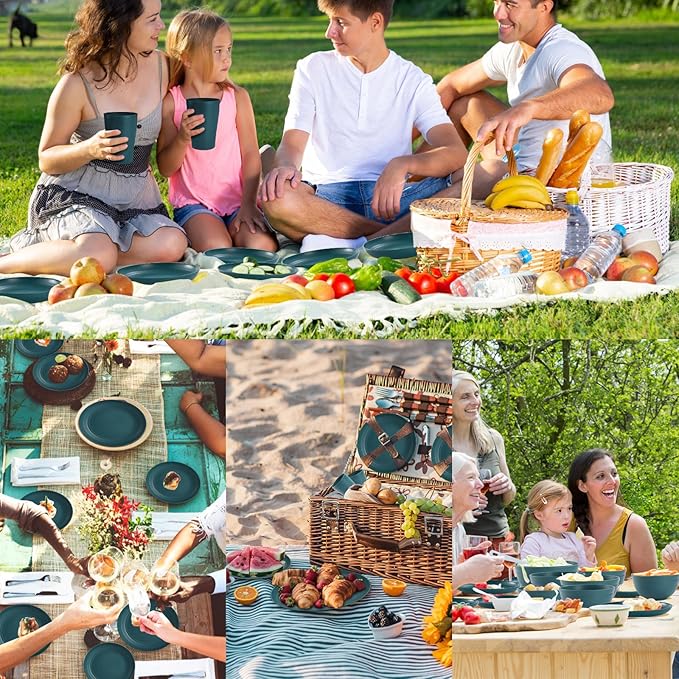 Green Unbreakable Plates and Bowls Sets Microwave and Dishwasher Safe,Dark Green Dinnerware Sets for 8,Christmas Reusable Plastic Dishes Set Lightweight for Kids Elderly Kitchen Adults Camping Outdoor