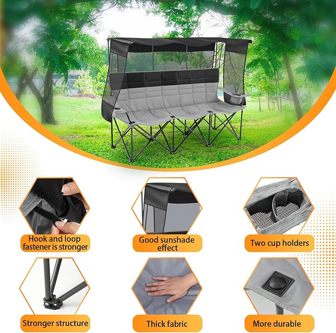 3 Person Camping Chair with Canopy Shade Fully Padded Folding Outdoor Oversized Camping Sofa for 2-3 Person, Heavy Duty Couch with Cup Holder and Carry Bag for Lawn Camp Fall Outdoor Activities