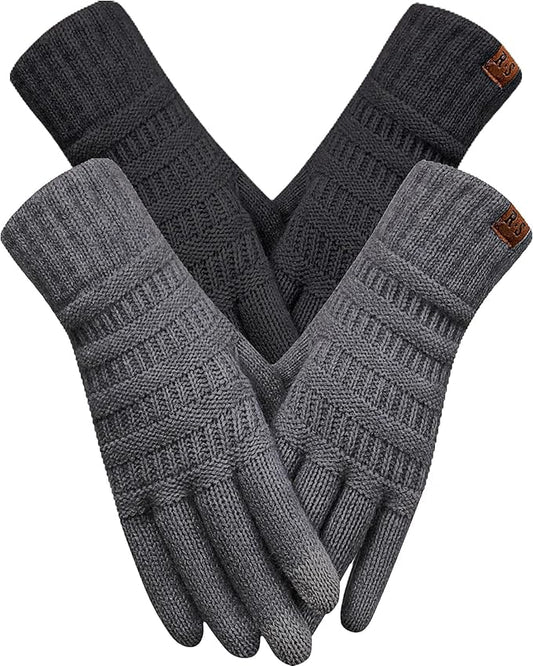 REACH STAR 2 Pairs Winter Gloves for Women - Upgraded Touch Screen Warm Knit Gloves Cold Weather, Soft Fleece Lining Elastic